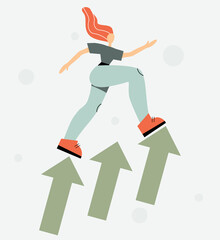 Woman climbing up the arrows. Picture depicts growth for presentations, diagrams, graphs. Vector drawing with modern character.