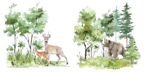 Hand drawn forest animals. Wild animals on the background of the forest landscape. Forest art. Hare, bear, deer, roe deer, owl, fox, wolf. For cards, stickers, posters, planners, scrapbooking  © Yevheniia Poli