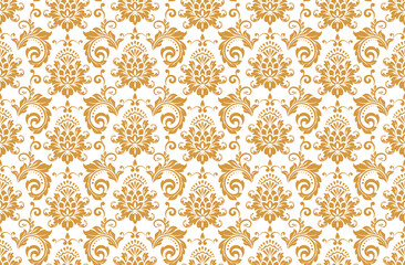 Wallpaper in the style of Baroque. Seamless vector background. White and gold floral ornament. Graphic pattern for fabric, wallpaper, packaging. Ornate Damask flower ornament