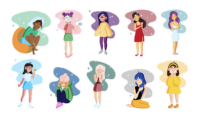 Collection of isolated illustrations with girls caring for face and hair. Removing blackheads, applying a mask, washing hair, make-up.