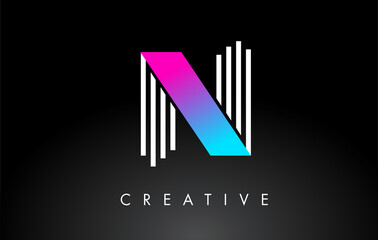 N White Purple Lines Letter Logo. Creative Line Letters Vector Template.