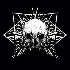 T-shirt design of a skull with white lines on a black background.