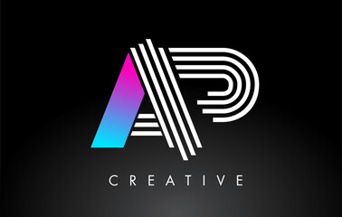 AP White Purple Lines Letter Logo. Creative Line Letters Vector Template.