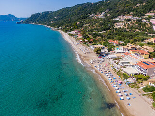 Aerial drone view of famous Agios Gordios beach in south corfu, Greece