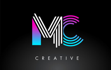 MC White Purple Lines Letter Logo. Creative Line Letters Vector Template.
