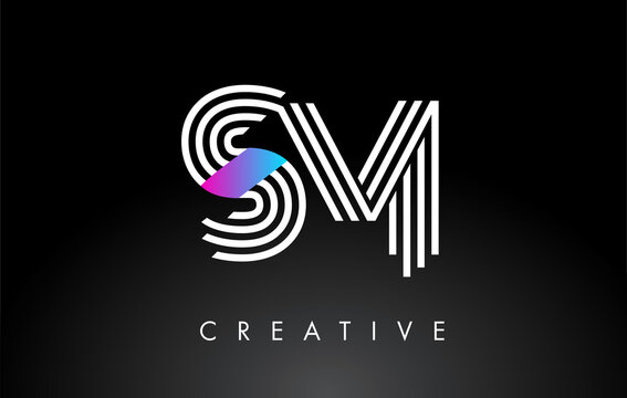 SM White Purple Lines Letter Logo. Creative Line Letters Vector Template.