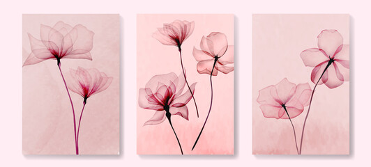 Abstract art background with transparent x-ray pink flowers. Botanical watercolor vector set of art posters for design, decor