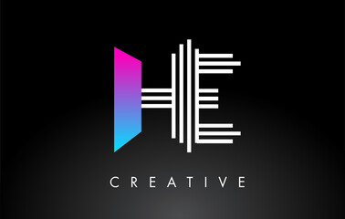 HE White Purple Lines Letter Logo. Creative Line Letters Vector Template.