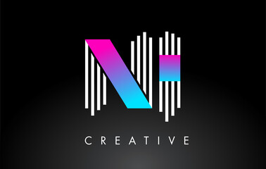 NI White Purple Lines Letter Logo. Creative Line Letters Vector Template.