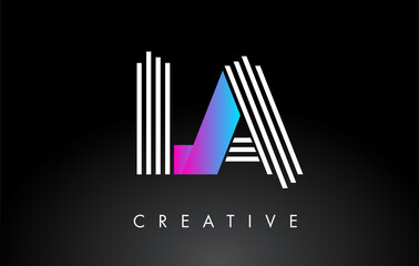 LA White Purple Lines Letter Logo. Creative Line Letters Vector Template.