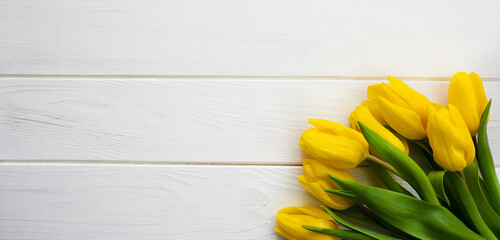 Banner. Bouquet of beautiful yellow tulips on a white wooden background. Top view. Place for text.