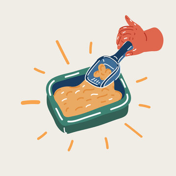 Vector illustration of cat tray and hand with scoop