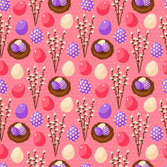 Easter seamless pattern with nest, willow and colorful ornate eggs. Vector illustration. Spring tiling for Happy Easter Design.