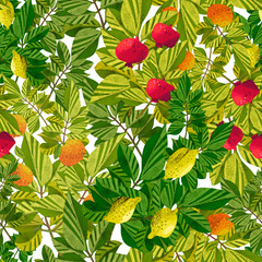 Colorful seamless pattern design illustration decorative cartoon plants and leaves with fruits