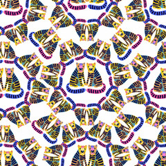 Seamless abstract vector pattern design of a cute decorative tiger in bright colors