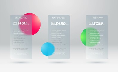 Web hosting pricing plans for websites and applications. Glass frame with trendy morphism effect. Modern subscription plan table template. Transparent blurred glass plate.
