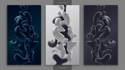 Set of abstract drops shapes on white and black background and dark blue color. Liquid shapes composition. Futuristic design. Vector illustration