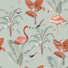 Vintage coral flamingo bird, plants seamless pattern grey background. Exotic botanical floral wallpaper.