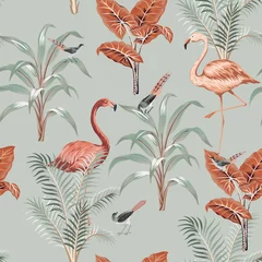 Wall murals Botanical print Vintage coral flamingo bird, plants seamless pattern grey background. Exotic botanical floral wallpaper.