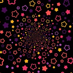 Colorful, many stars spin in a black tunnel to place your content. Vector illustration.