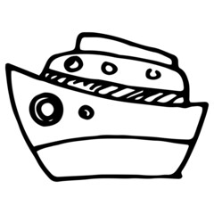 the icon of the liner. a large marine ship, hand-drawn in a doodle style, isolated black outline on the side on white for a children's design template