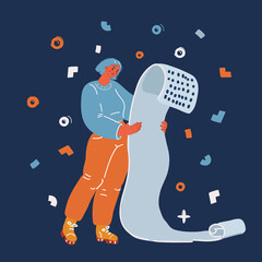 Cartoon vector illustration of holding a long list paper. Concept of checking list, bill to pay, huge task list, payment, paper document.