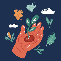 Cartoon vector illustration of Green seedling in the hand. Planting a green sprout. Ecology
