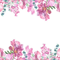 Obraz na płótnie Canvas Watercolor composition of pink flowers on white background. Freesia, sweet peas, eucalyptus branches. Perfect for wedding invitations, greeting cards, blogs, posters and more. 