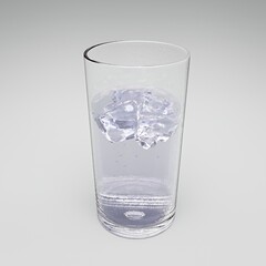 Water with ice cubes in transparent glass on white background. 3D Illustration
