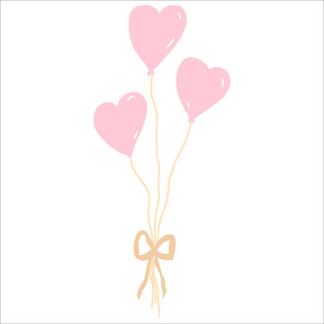 Vector heart shaped balloon united with gold ribbon,three pink balloons for Valentine's day,Birthday or Wedding,holiday decoration.