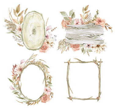 Hand-drawn watercolor wooden slices. Boho clipart from wooden slices, branches, vintage paper, flowers. Village clipart. For postcards, lettering, wedding invitations, posters, business cards
