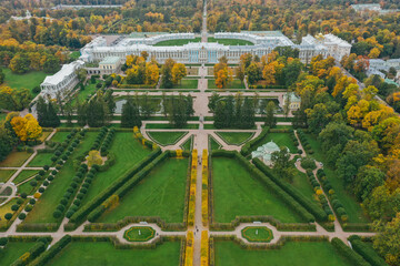 Aerial view of Catherine Park in Tsarskoye Selo of Pushkin, autumn garden from above, patterns and...