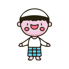 Kawaii Muslim kid with happy expression cartoon. Illustration for Perfect Nursery children, kids, greeting.