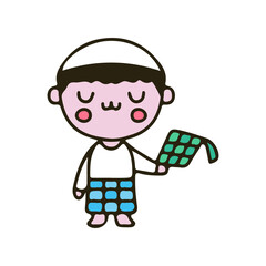 Cute Muslim child holding ketupat cartoon. Illustration for Perfect Nursery children, kids, greeting.