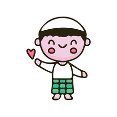 Cute Muslim boy showing love cartoon. Illustration for Perfect Nursery children, kids, greeting.