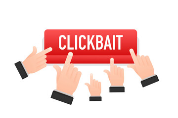 Clickbait red button. Hand click icon symbol. Cursor arrows, push button. Vector stock illustration.