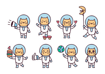 Collection of kawaii cat in astronaut costume, illustration for t-shirt, sticker, or apparel merchandise. With retro cartoon style.