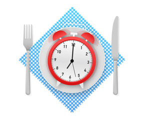 Flat icon with lunch time and hand with tray on white background for cover design.