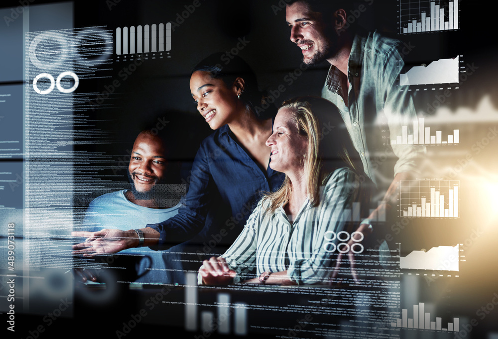 Poster Fixing software issues with ease. Shot of a group of programmers working together on a computer code at night.