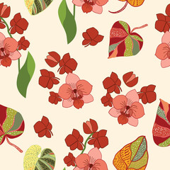 Decorative vector seamless pattern with bright leaves of monstera and flowers. Tropical background, jungle wallpaper.