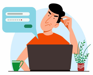 The concept of a man thinking behind a laptop. Forgot your password and account login for the web page. Flat vector illustration.
