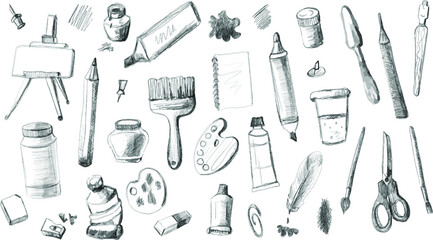 A set of vector elements. A hand-drawn black and white sketch. Isolated objects on a white background. Art tools: easel, brushes, notepad, pencils, palette, paints