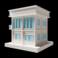 White building or modern style 2-floor house model. Architecture, low poly perspective 3d rendering. Blue window.	