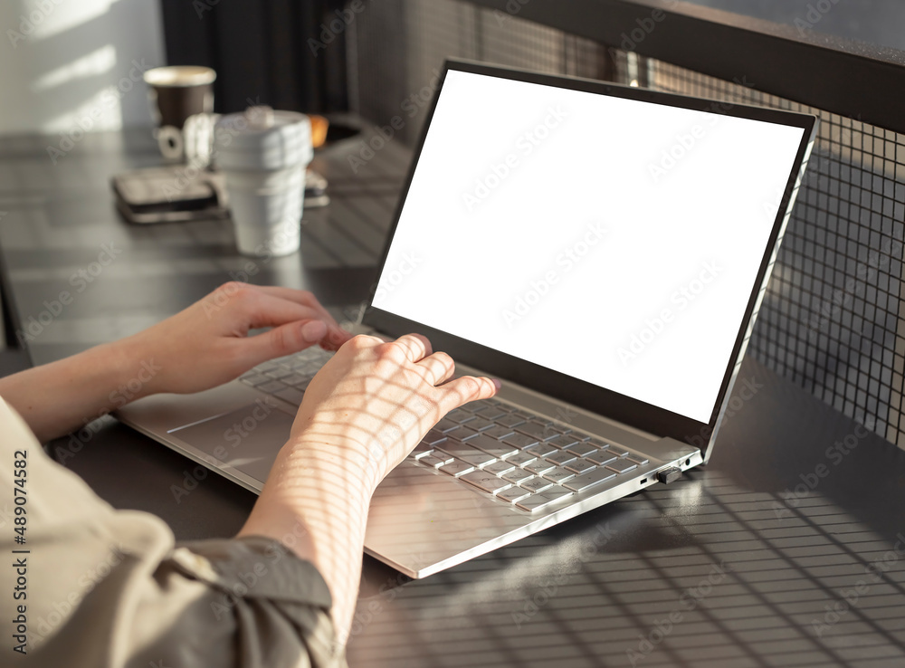 Poster female hands typing on laptop keyboard. woman sitting in cafe and using computer mockup in work or s