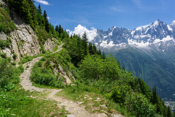 Fototapeta na wymiar Mountain hiking trail in the Alps with a view of the Mont Blanc massif.