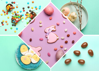 Collage with tasty Easter cookies, chocolate eggs and candies on color background
