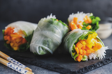 Rice paper roll with vegetables on plate