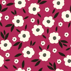 Seamless vintage pattern. White flowers, black leaves. Burgundy background. vector texture. fashionable print for textiles, wallpaper and packaging.
