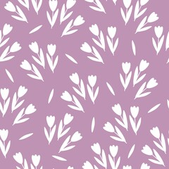 Fototapeta na wymiar Seamless vintage pattern. White tulips flowers and leaves. Lilac background. vector texture. fashionable print for textiles, wallpaper and packaging.