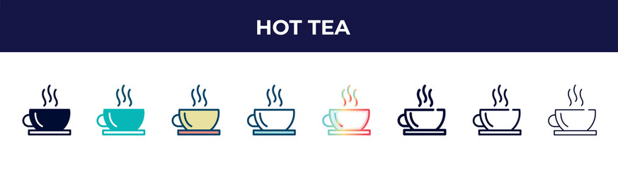 hot tea icon in 8 styles. line, filled, glyph, thin outline, colorful, stroke and gradient styles, hot tea vector sign. symbol, logo illustration. different style icons set.